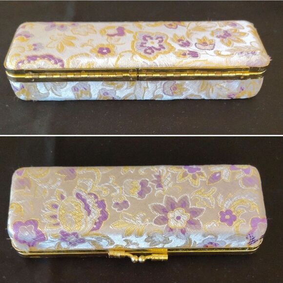 VTG Asian Silk Wrapped Floral Gold Purple Travel Jewelry Box with Mirror - Picture 13 of 15